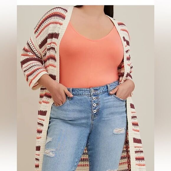 Torrid Multi Stitch Duster 3/4 Sleeve Sweater Modern Boho Office Striped - Picture 1 of 13